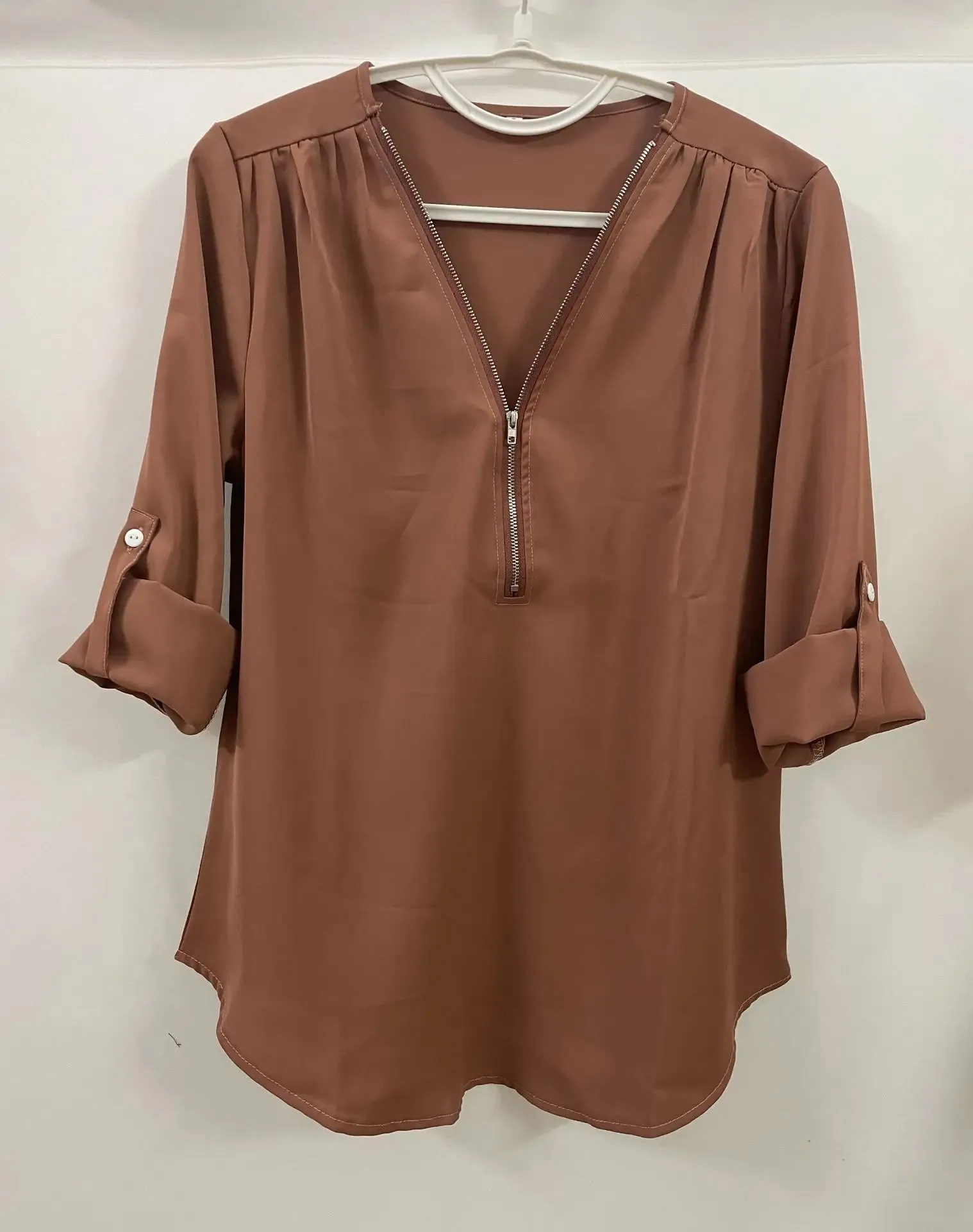 2024 Quality HotSale Plus Size Deep V Neck Women Blouse Chiffon Cool Loose Shirt Fashion Casual Ladies Tops Sexy Zipper Pullover