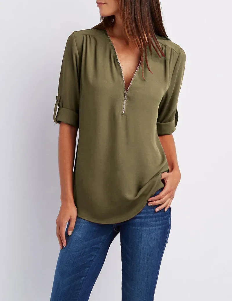 2024 Quality HotSale Plus Size Deep V Neck Women Blouse Chiffon Cool Loose Shirt Fashion Casual Ladies Tops Sexy Zipper Pullover