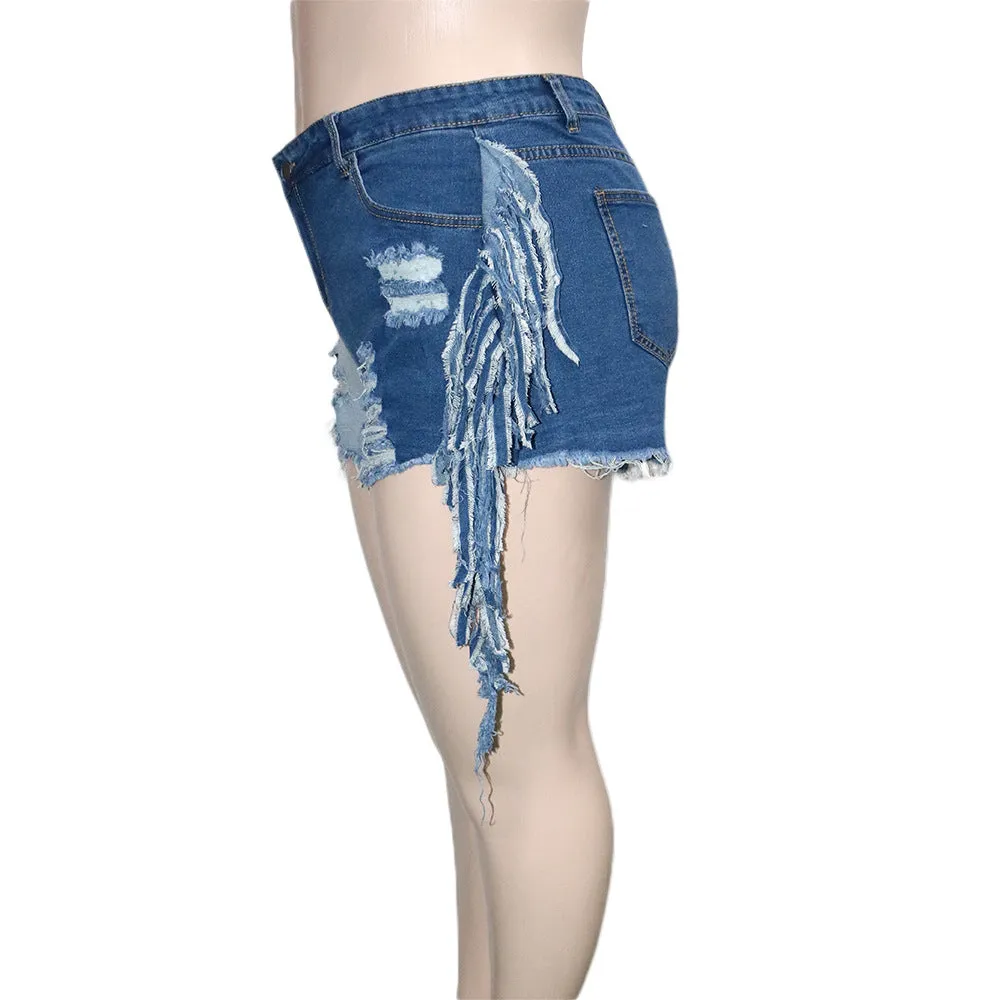 5xl Plus Size Women Denim Shorts Patchwork Stretchy Ripped Hole Tassel Mini Jeans Ladies Casual Fashion Summer Shorts Jean