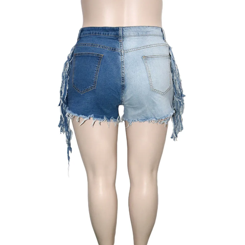5xl Plus Size Women Denim Shorts Patchwork Stretchy Ripped Hole Tassel Mini Jeans Ladies Casual Fashion Summer Shorts Jean