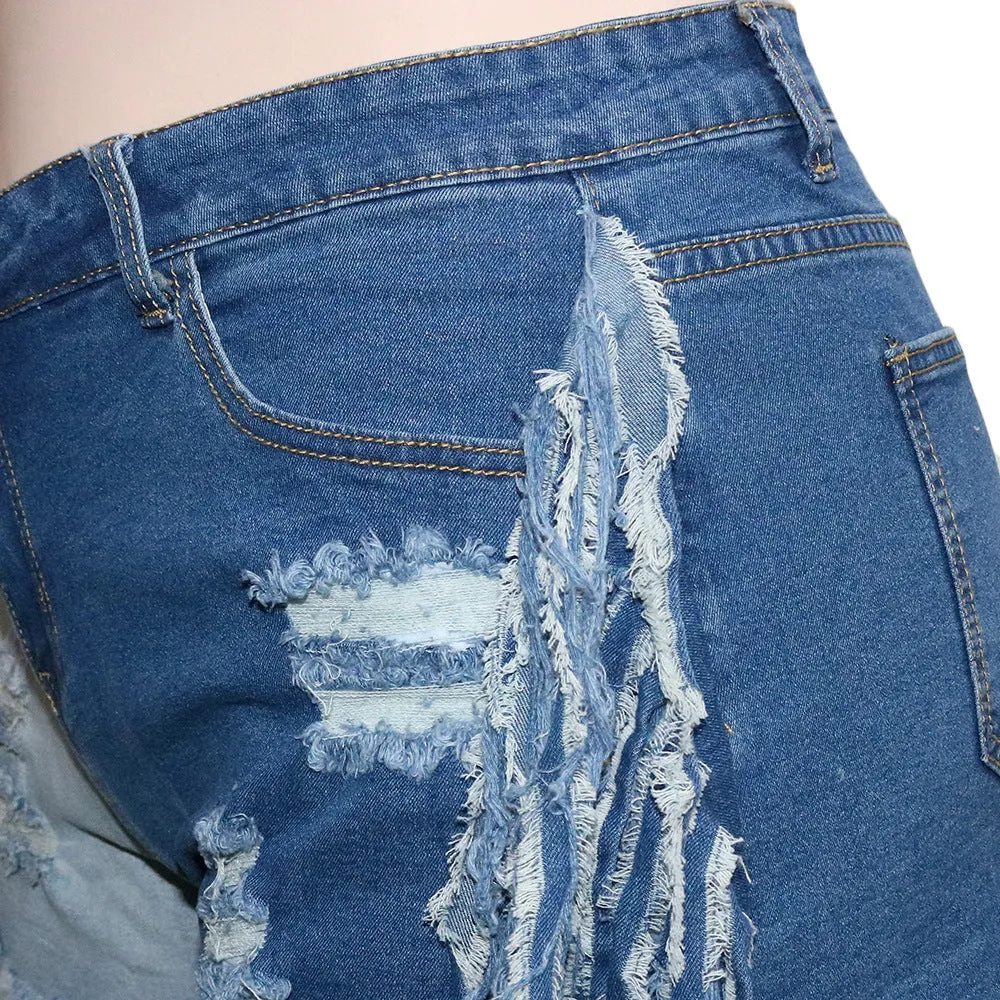 5xl Plus Size Women Denim Shorts Patchwork Stretchy Ripped Hole Tassel Mini Jeans Ladies Casual Fashion Summer Shorts Jean