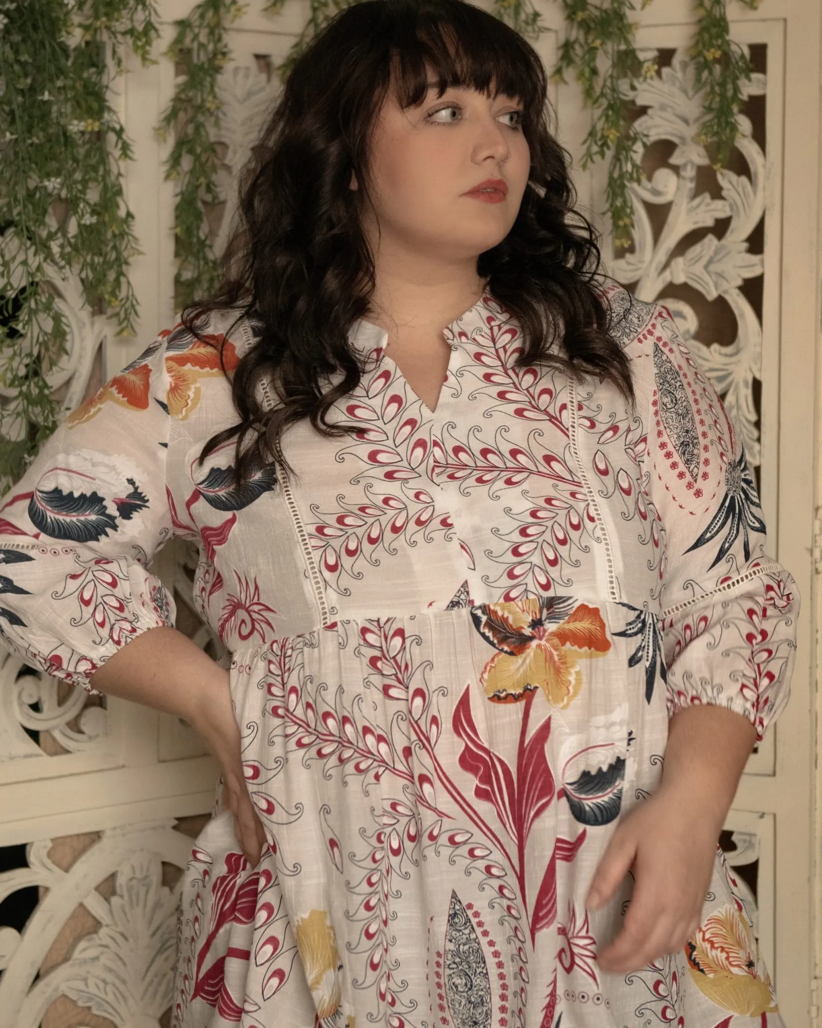 Alba Blouse Empire Waist Plant Print White | White