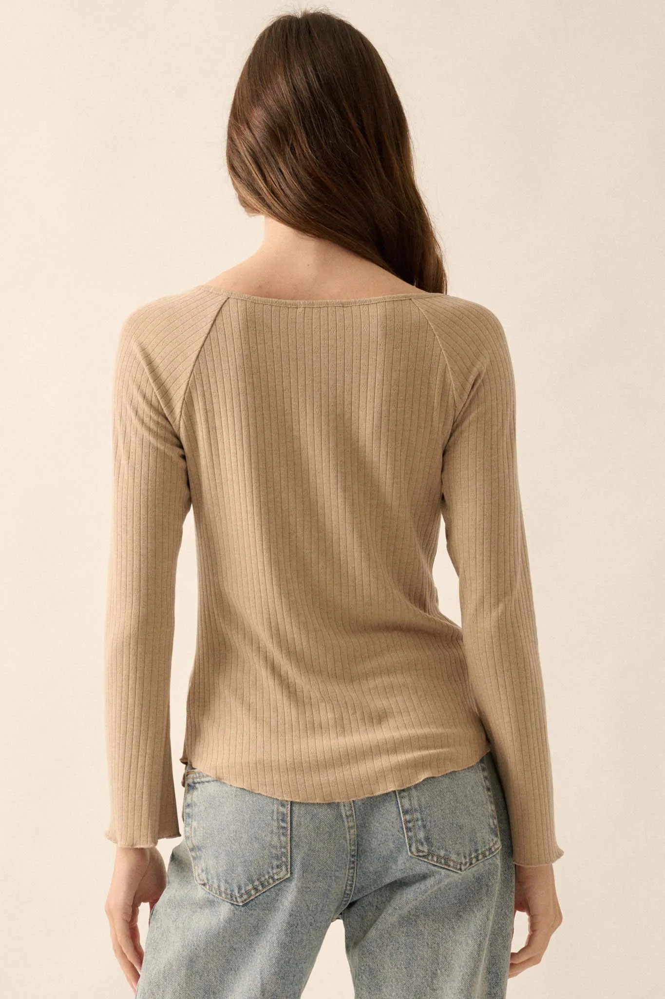 All Good Ribbed Knit Bell-Sleeve Split-Front Top