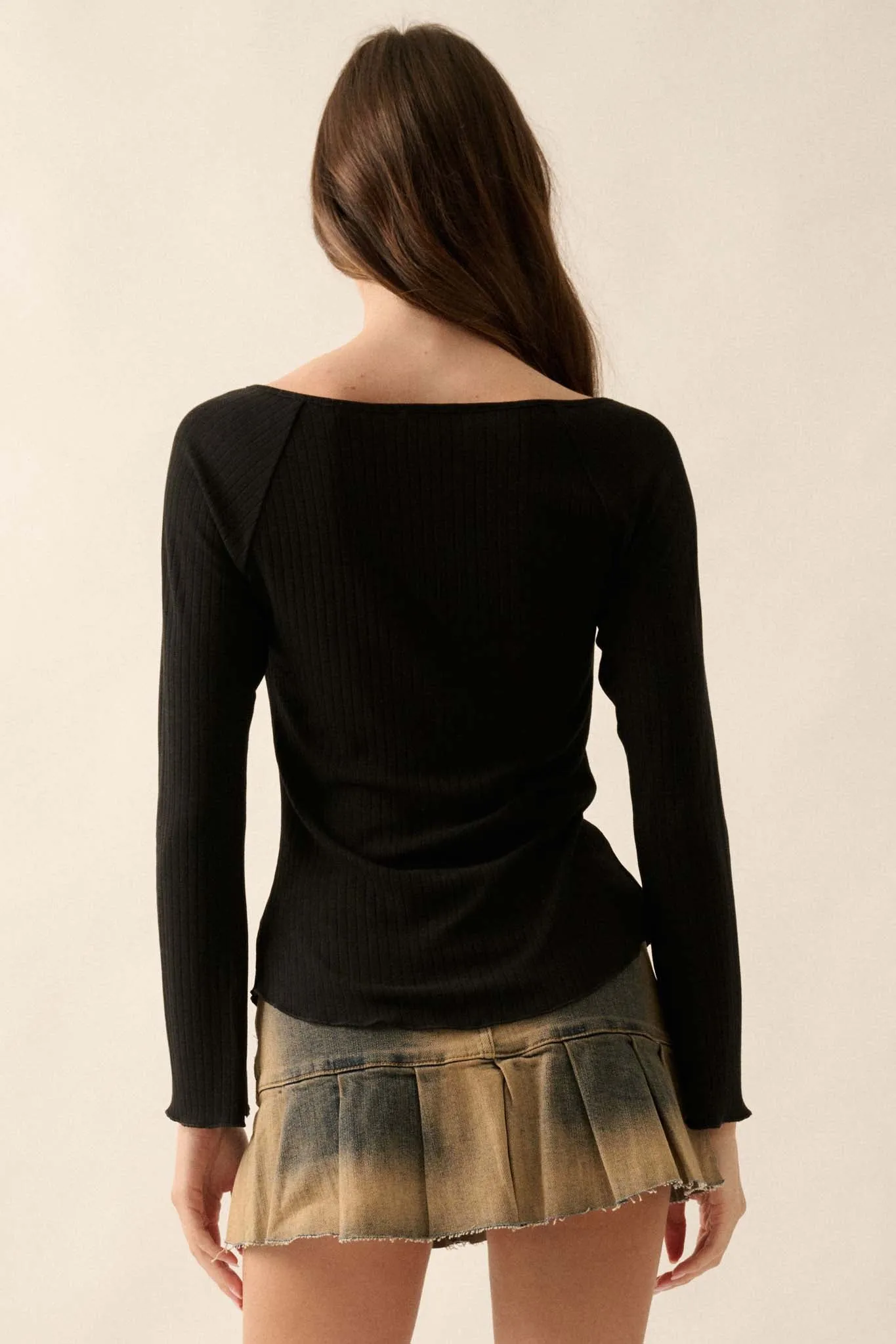 All Good Ribbed Knit Bell-Sleeve Split-Front Top