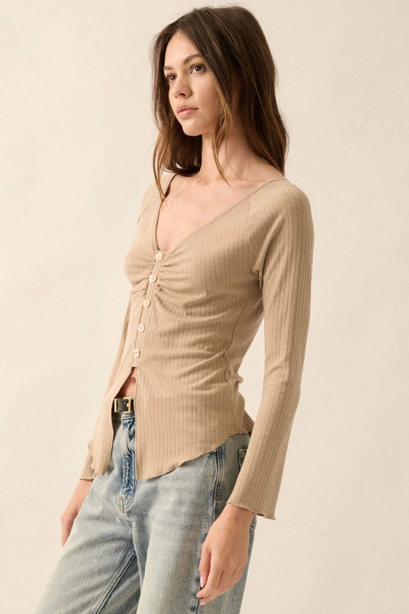 All Good Ribbed Knit Bell-Sleeve Split-Front Top