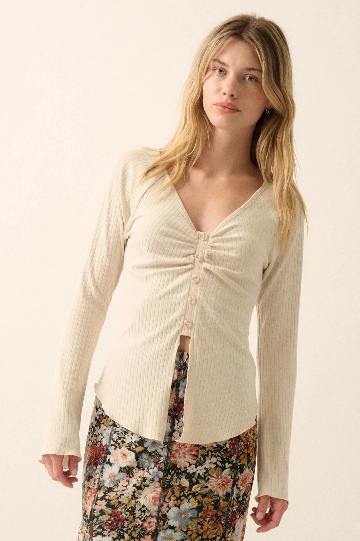 All Good Ribbed Knit Bell-Sleeve Split-Front Top