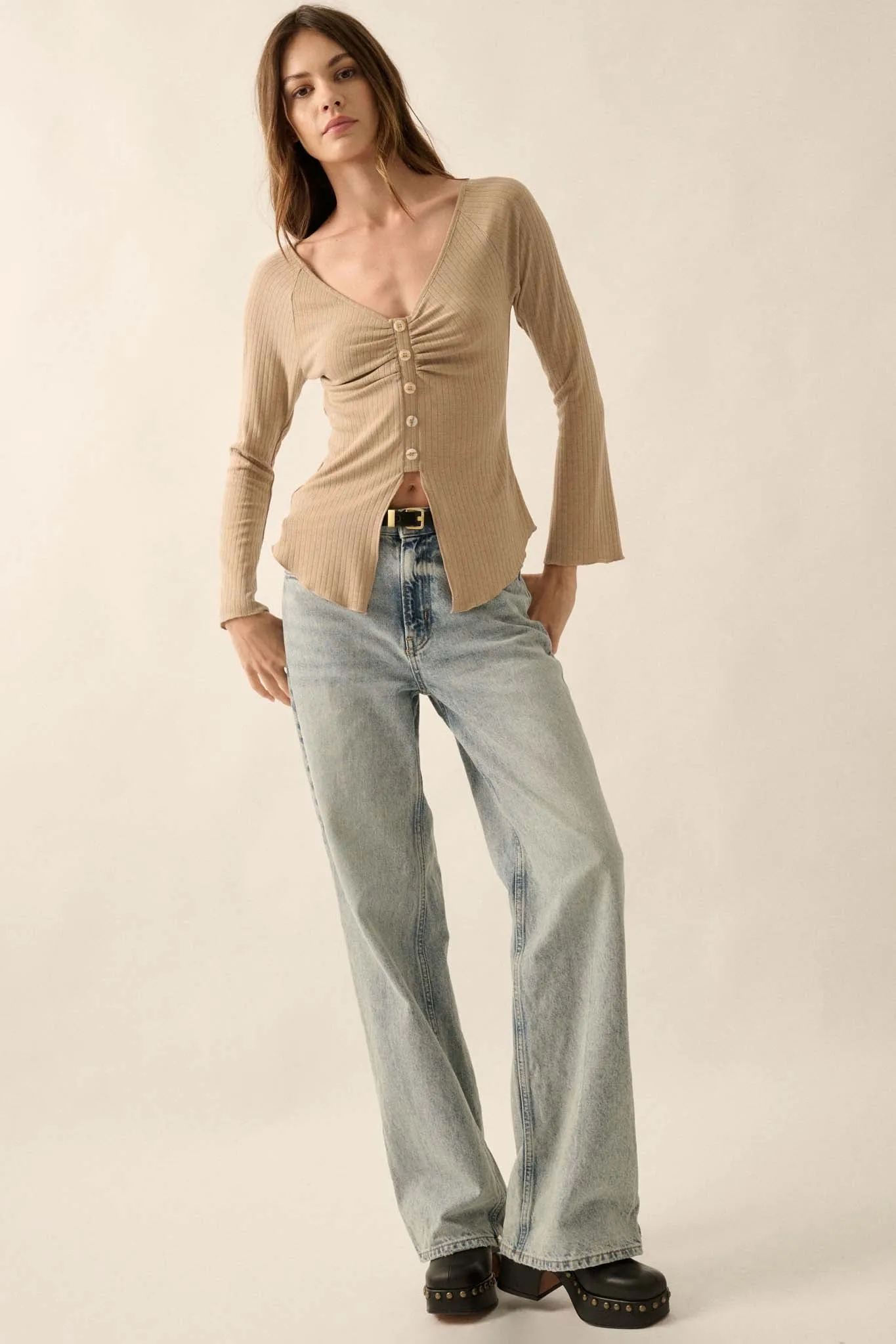 All Good Ribbed Knit Bell-Sleeve Split-Front Top