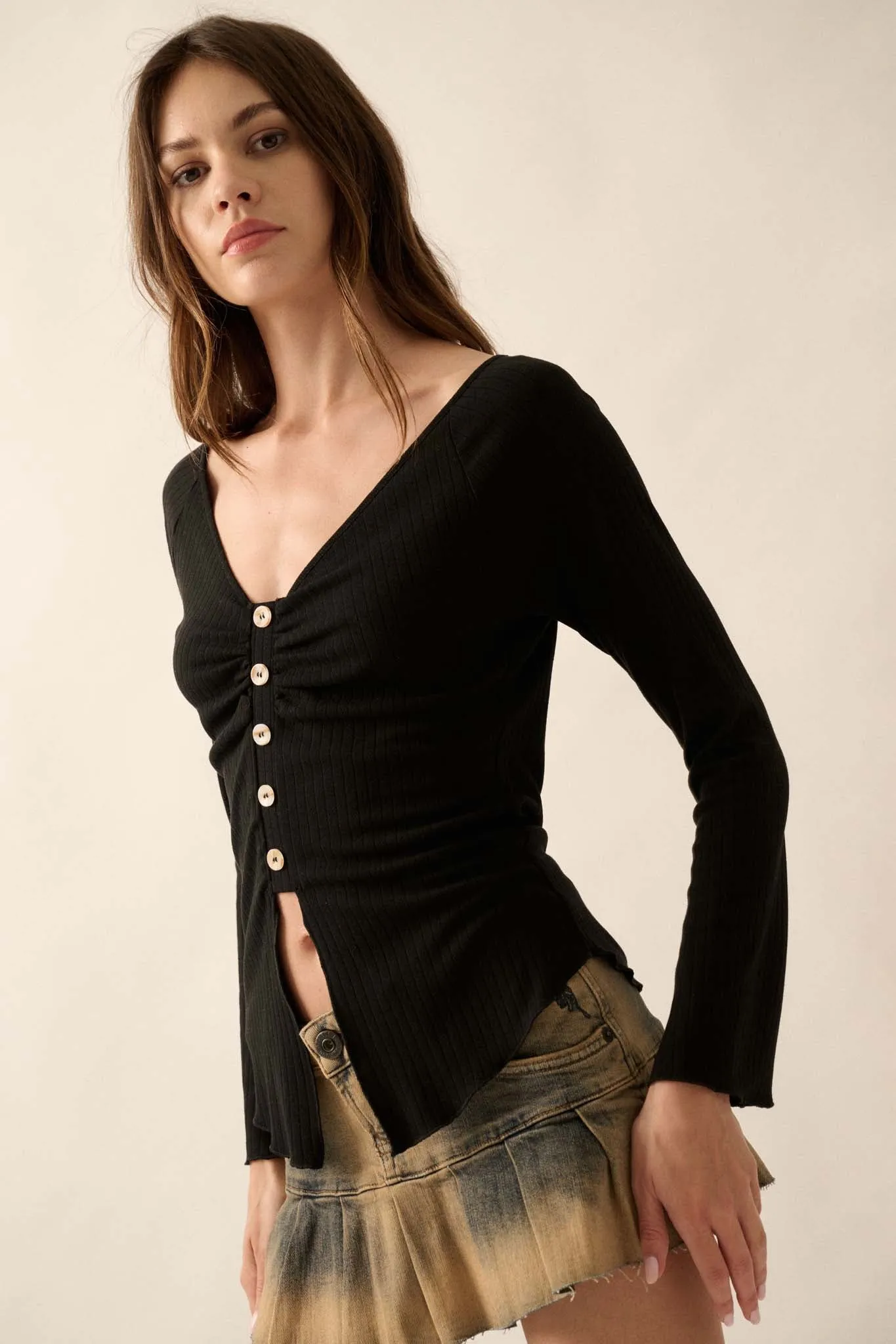 All Good Ribbed Knit Bell-Sleeve Split-Front Top