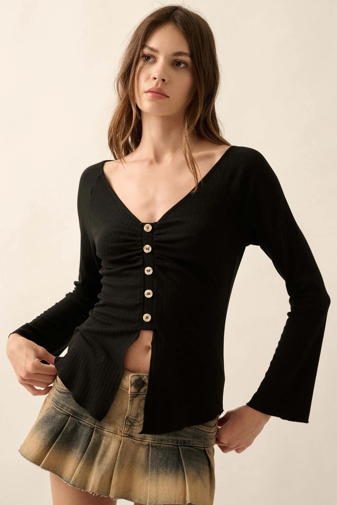 All Good Ribbed Knit Bell-Sleeve Split-Front Top