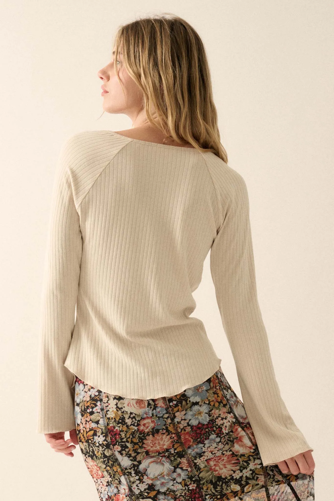 All Good Ribbed Knit Bell-Sleeve Split-Front Top