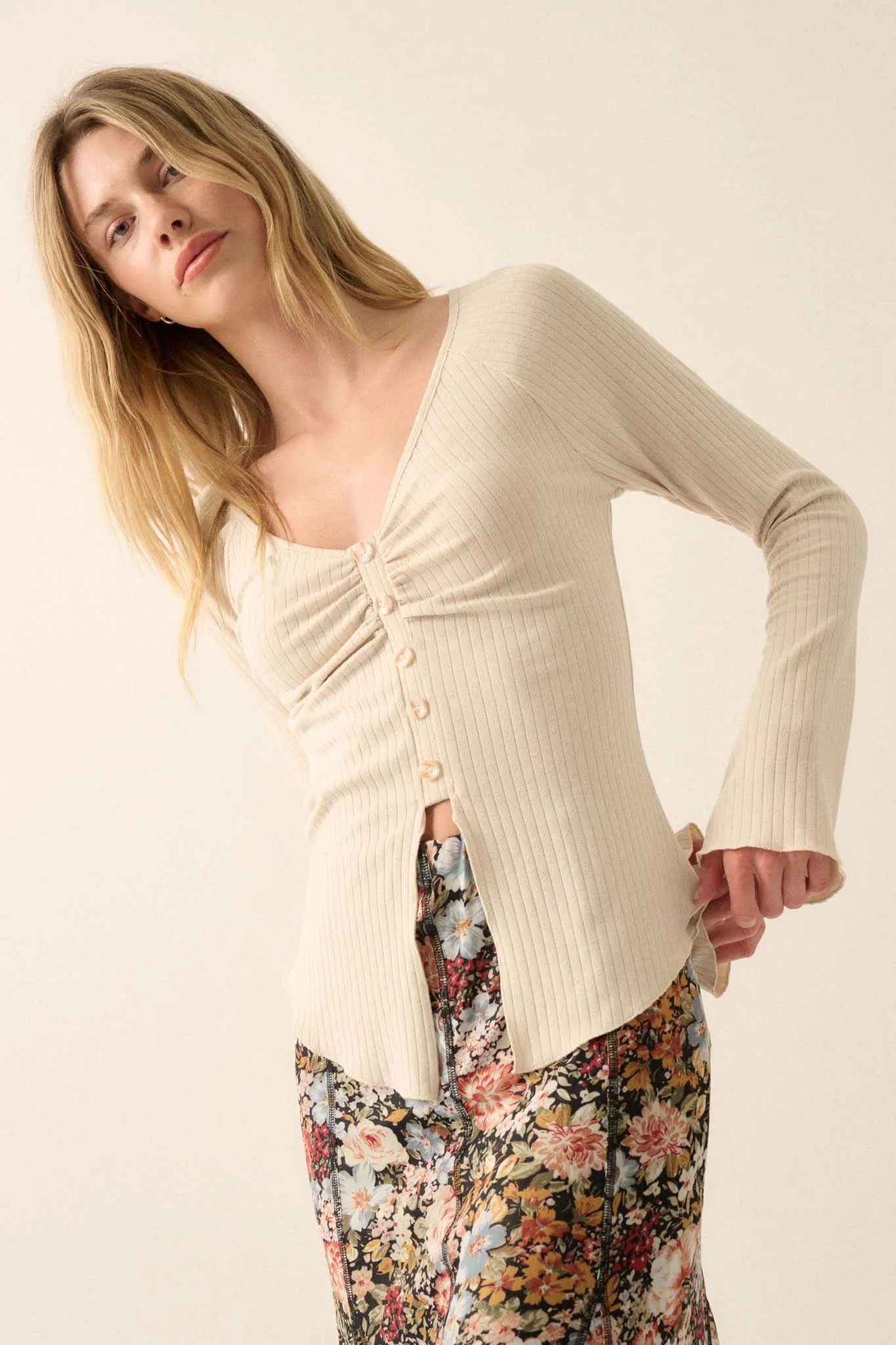 All Good Ribbed Knit Bell-Sleeve Split-Front Top