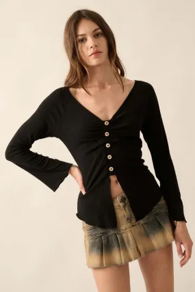 All Good Ribbed Knit Bell-Sleeve Split-Front Top