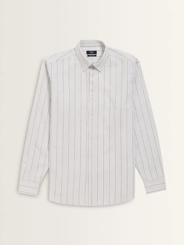 Ascot Light Grey Striped Relaxed-Fit Cotton Shirt
