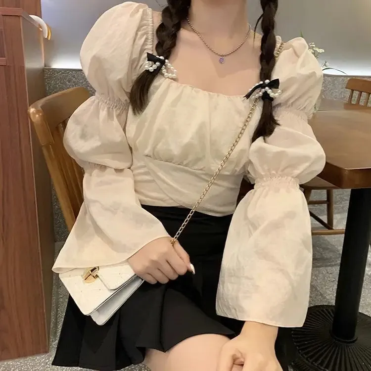 Back Puff Sleeve Shirts Women Autumn French Bow Bandage Blouses 2022 New Black Pink Square Neck Cropped Tops Female