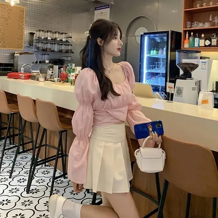 Back Puff Sleeve Shirts Women Autumn French Bow Bandage Blouses 2022 New Black Pink Square Neck Cropped Tops Female