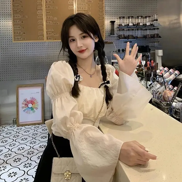 Back Puff Sleeve Shirts Women Autumn French Bow Bandage Blouses 2022 New Black Pink Square Neck Cropped Tops Female