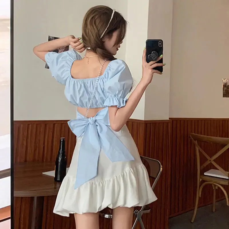Back Puff Sleeve Shirts Women Autumn French Bow Bandage Blouses 2022 New Black Pink Square Neck Cropped Tops Female