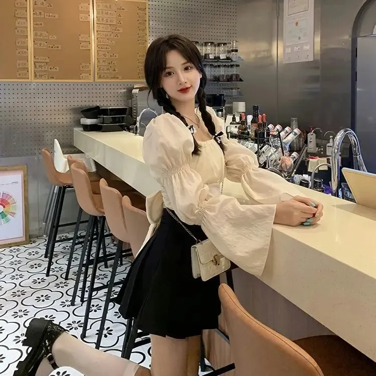 Back Puff Sleeve Shirts Women Autumn French Bow Bandage Blouses 2022 New Black Pink Square Neck Cropped Tops Female