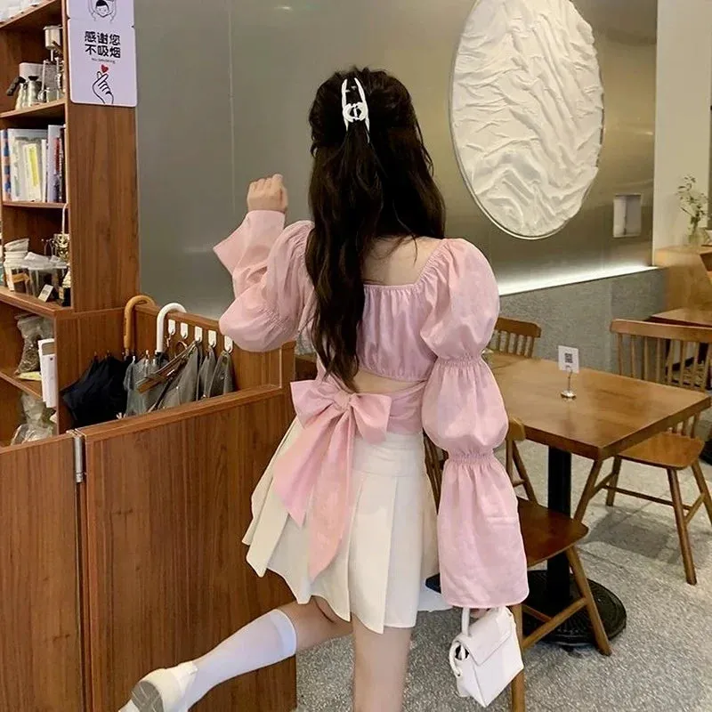 Back Puff Sleeve Shirts Women Autumn French Bow Bandage Blouses 2022 New Black Pink Square Neck Cropped Tops Female