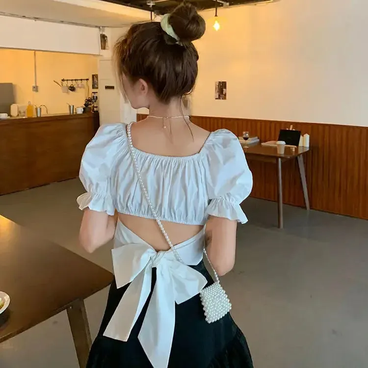 Back Puff Sleeve Shirts Women Autumn French Bow Bandage Blouses 2022 New Black Pink Square Neck Cropped Tops Female
