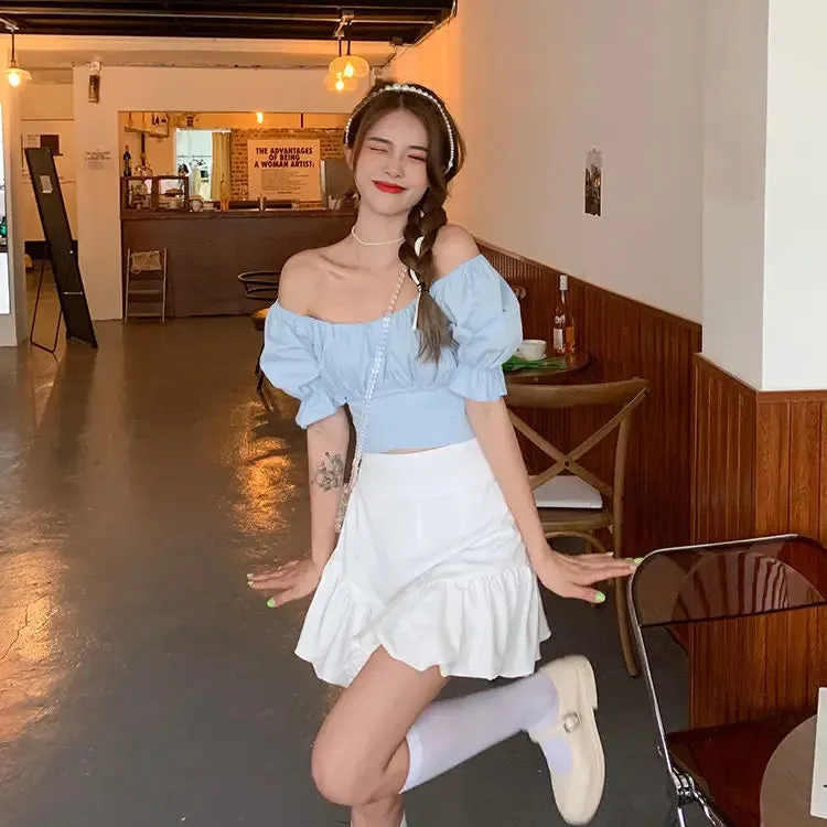 Back Puff Sleeve Shirts Women Autumn French Bow Bandage Blouses 2022 New Black Pink Square Neck Cropped Tops Female