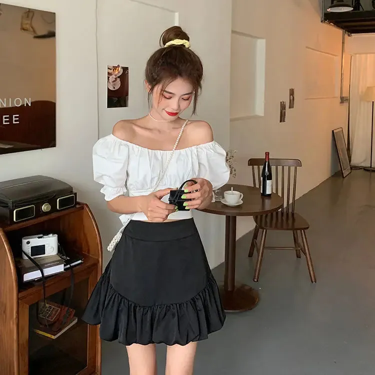 Back Puff Sleeve Shirts Women Autumn French Bow Bandage Blouses 2022 New Black Pink Square Neck Cropped Tops Female