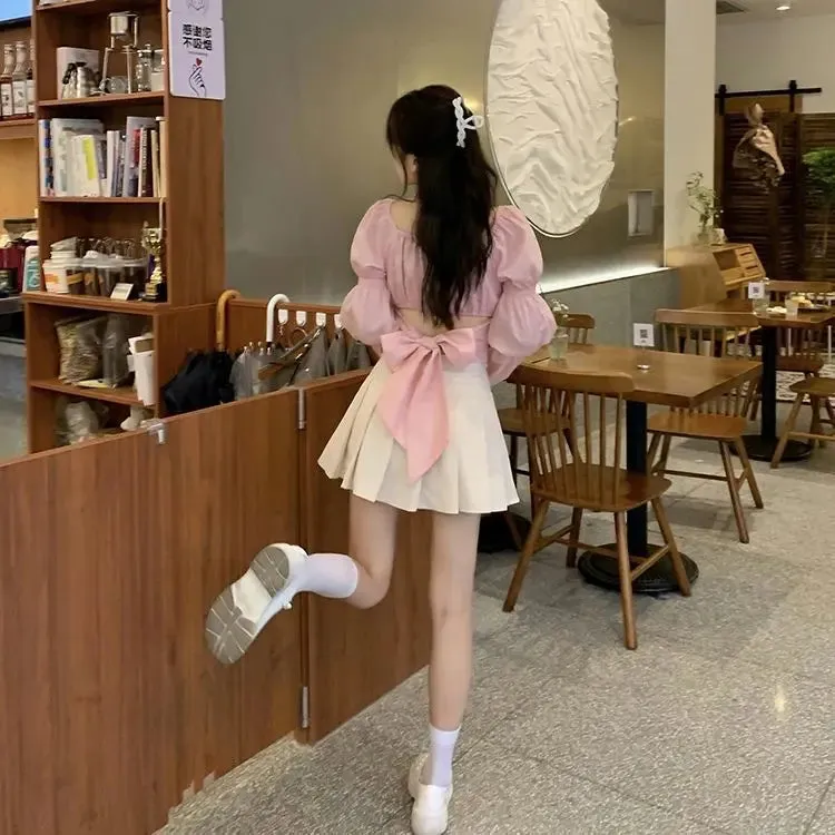 Back Puff Sleeve Shirts Women Autumn French Bow Bandage Blouses 2022 New Black Pink Square Neck Cropped Tops Female