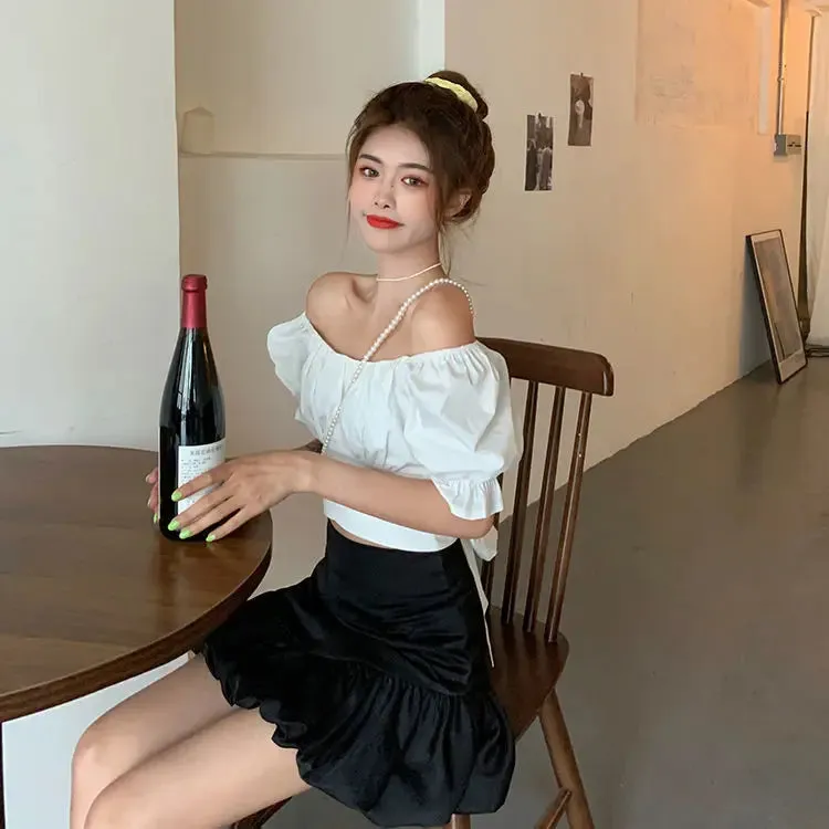 Back Puff Sleeve Shirts Women Autumn French Bow Bandage Blouses 2022 New Black Pink Square Neck Cropped Tops Female