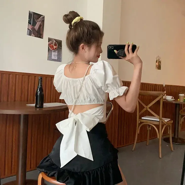 Back Puff Sleeve Shirts Women Autumn French Bow Bandage Blouses 2022 New Black Pink Square Neck Cropped Tops Female
