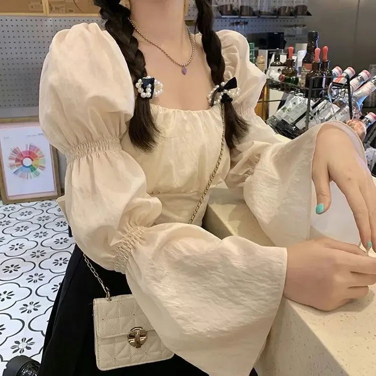 Back Puff Sleeve Shirts Women Autumn French Bow Bandage Blouses 2022 New Black Pink Square Neck Cropped Tops Female