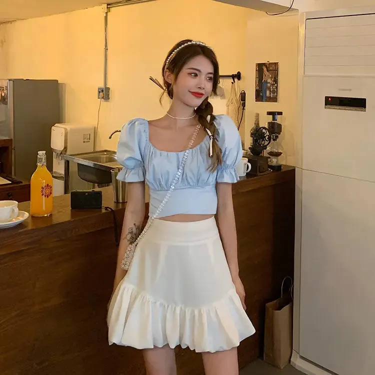 Back Puff Sleeve Shirts Women Autumn French Bow Bandage Blouses 2022 New Black Pink Square Neck Cropped Tops Female
