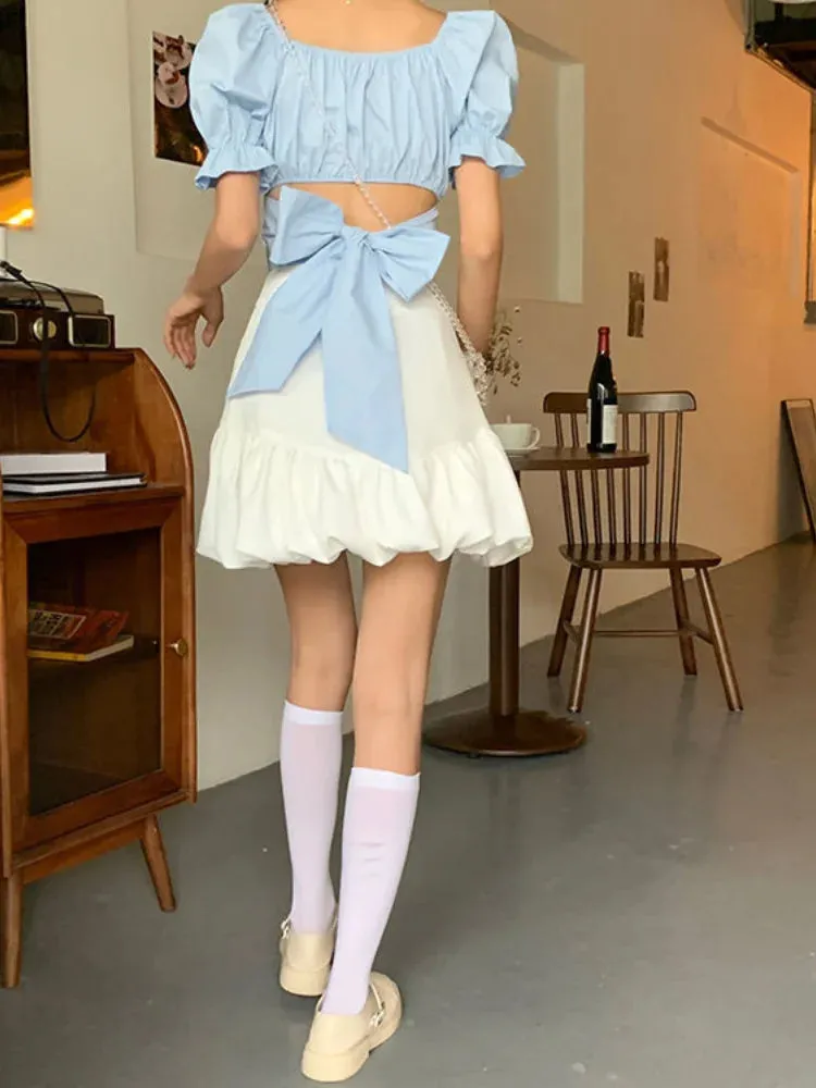Back Puff Sleeve Shirts Women Autumn French Bow Bandage Blouses 2022 New Black Pink Square Neck Cropped Tops Female