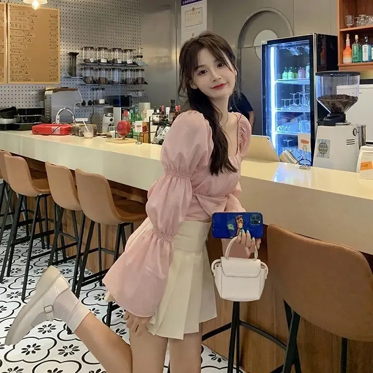 Back Puff Sleeve Shirts Women Autumn French Bow Bandage Blouses 2022 New Black Pink Square Neck Cropped Tops Female
