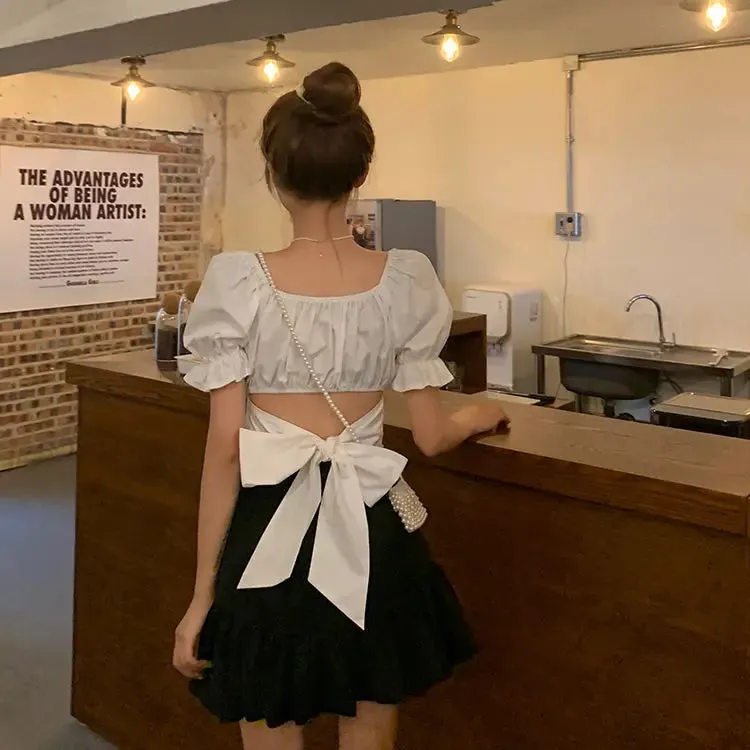 Back Puff Sleeve Shirts Women Autumn French Bow Bandage Blouses 2022 New Black Pink Square Neck Cropped Tops Female