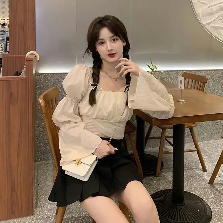 Back Puff Sleeve Shirts Women Autumn French Bow Bandage Blouses 2022 New Black Pink Square Neck Cropped Tops Female
