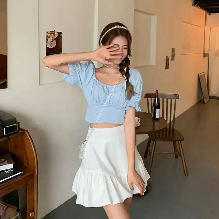 Back Puff Sleeve Shirts Women Autumn French Bow Bandage Blouses 2022 New Black Pink Square Neck Cropped Tops Female