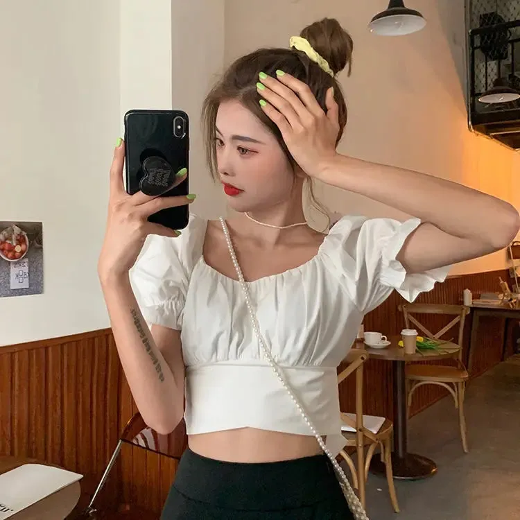 Back Puff Sleeve Shirts Women Autumn French Bow Bandage Blouses 2022 New Black Pink Square Neck Cropped Tops Female