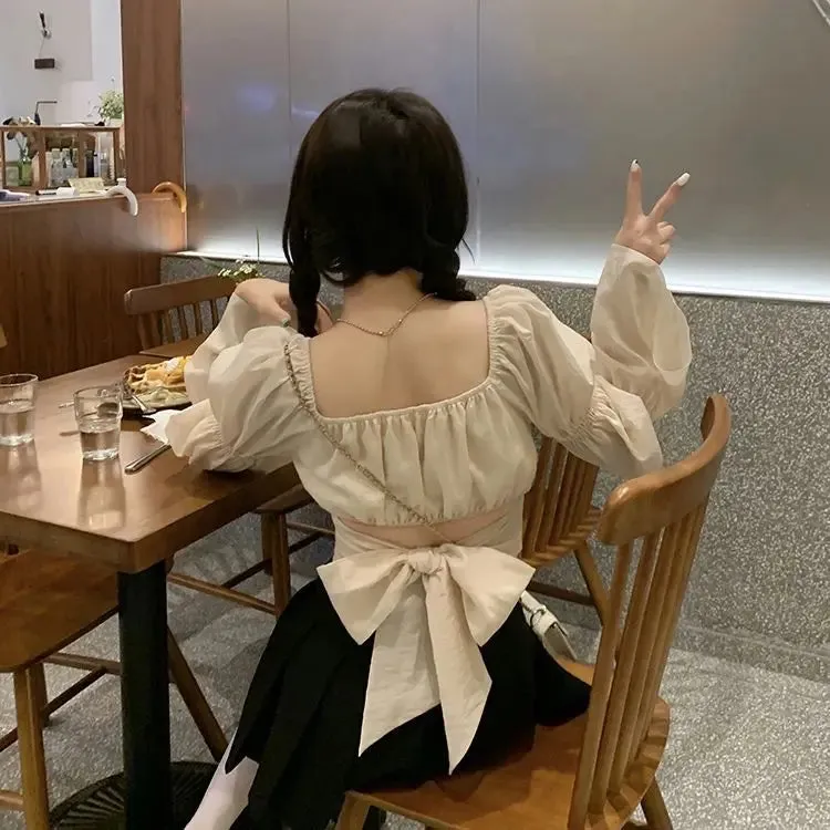 Back Puff Sleeve Shirts Women Autumn French Bow Bandage Blouses 2022 New Black Pink Square Neck Cropped Tops Female