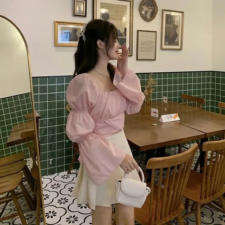 Back Puff Sleeve Shirts Women Autumn French Bow Bandage Blouses 2022 New Black Pink Square Neck Cropped Tops Female