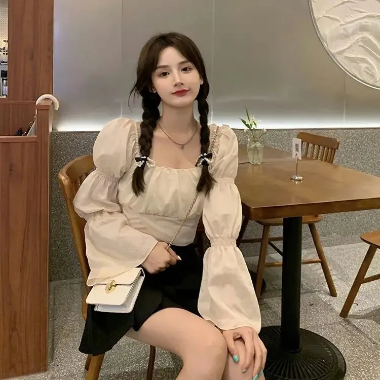 Back Puff Sleeve Shirts Women Autumn French Bow Bandage Blouses 2022 New Black Pink Square Neck Cropped Tops Female