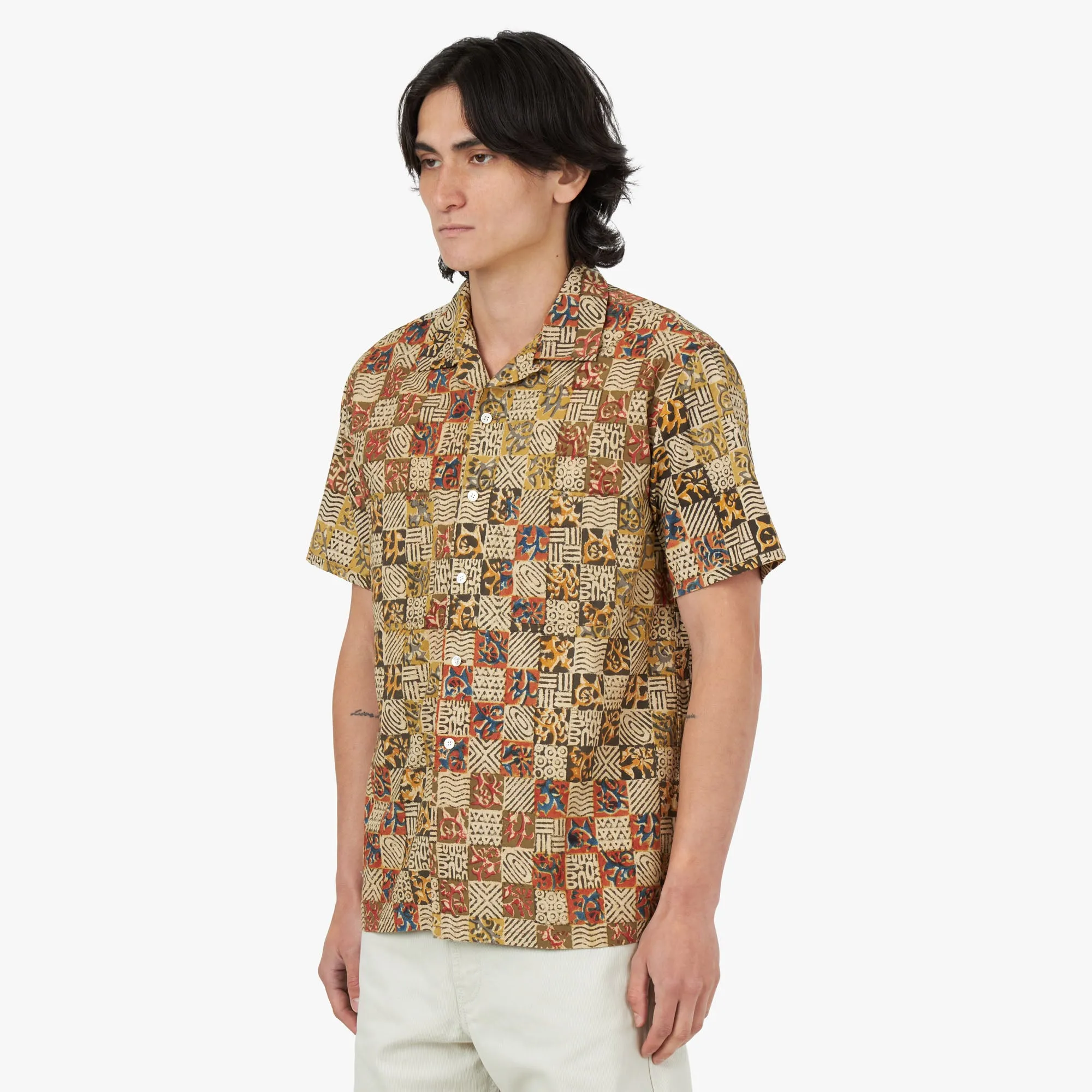 BEAMS PLUS Open Collar Short Sleeve Shirt Block Print / Paisley
