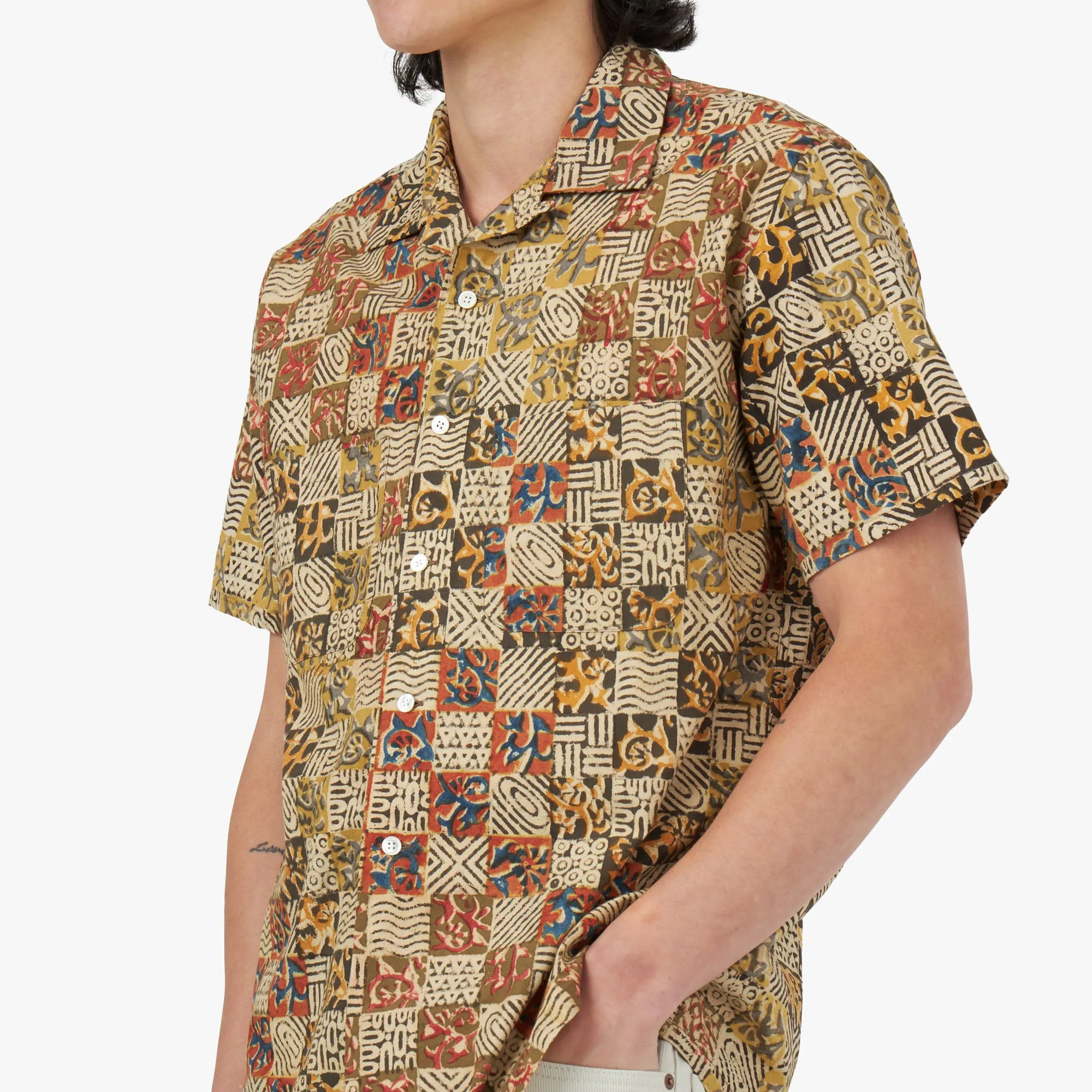 BEAMS PLUS Open Collar Short Sleeve Shirt Block Print / Paisley