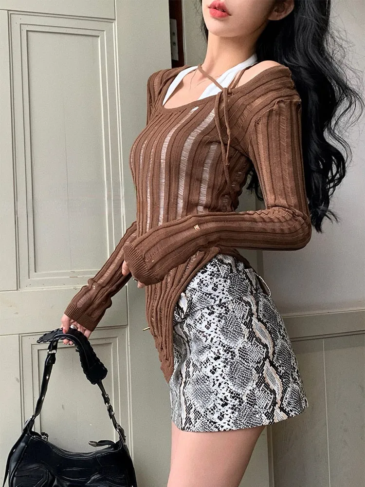 BerryBetty - 2024 Autumn Casual See-through Blouses Women Sexy Y2k Clothing Korean Style Knitted Sweater Female Elegant Pullover Slim Tees