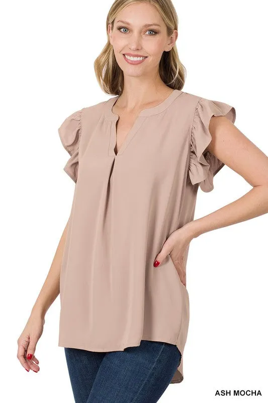 BF Woven Wool Peach Ruffled Sleeve High-Low Top