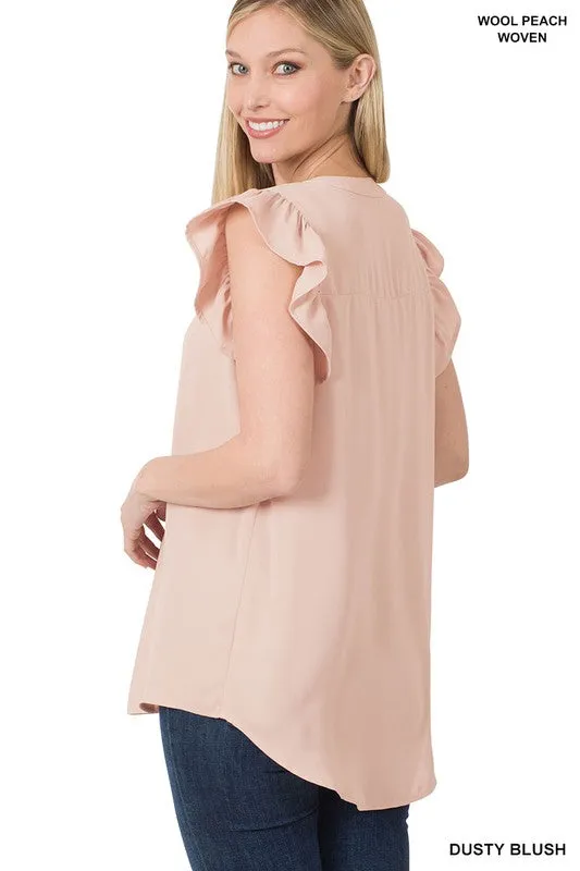 BF Woven Wool Peach Ruffled Sleeve High-Low Top