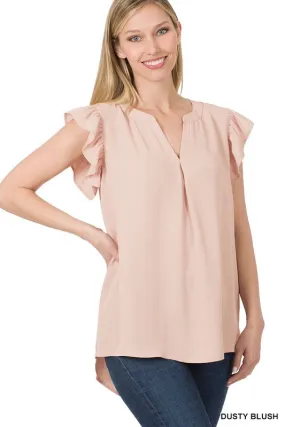 BF Woven Wool Peach Ruffled Sleeve High-Low Top