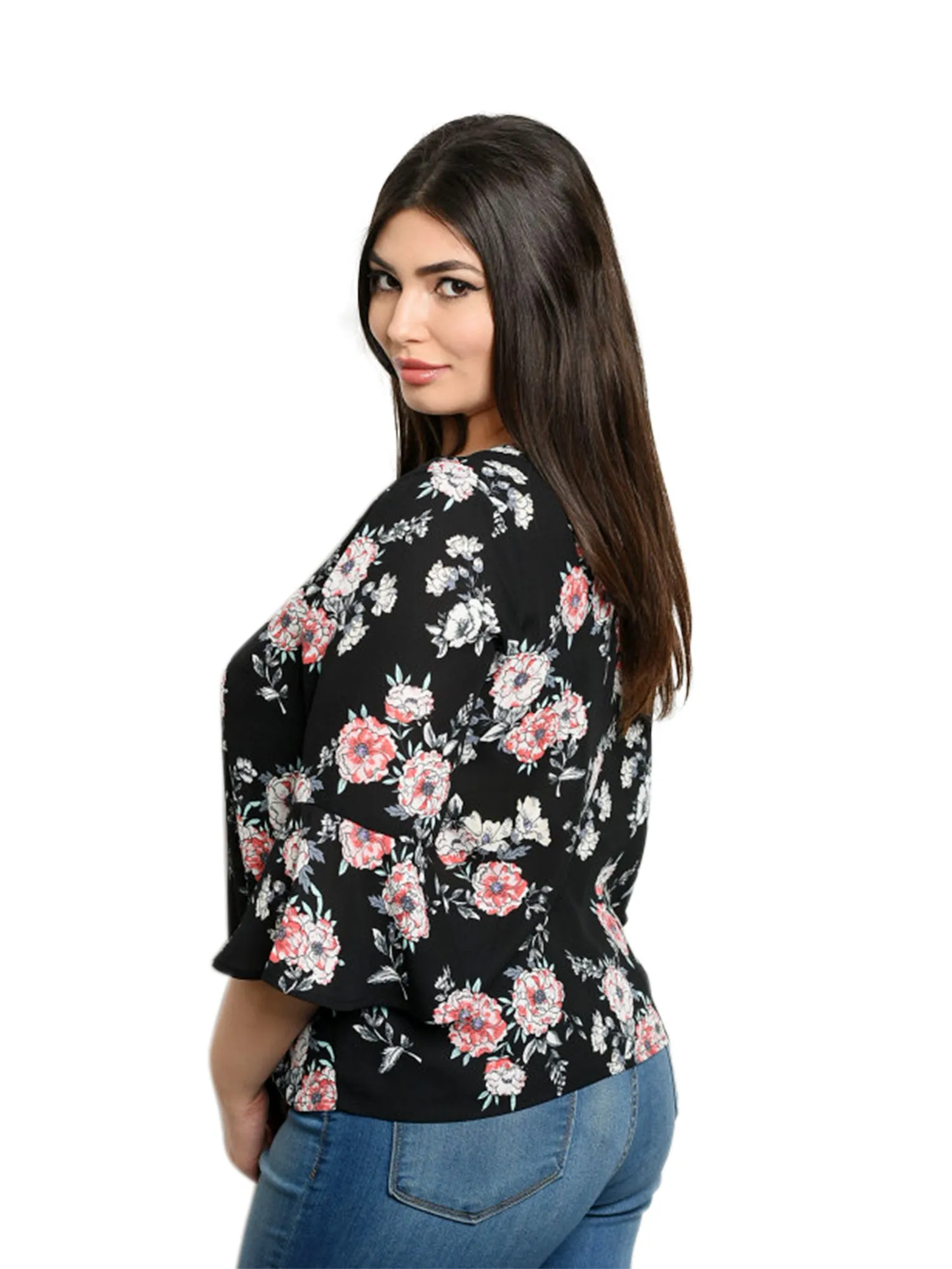 Black Floral Womens Plus Size V-Neck Blouse With Bell Sleeves