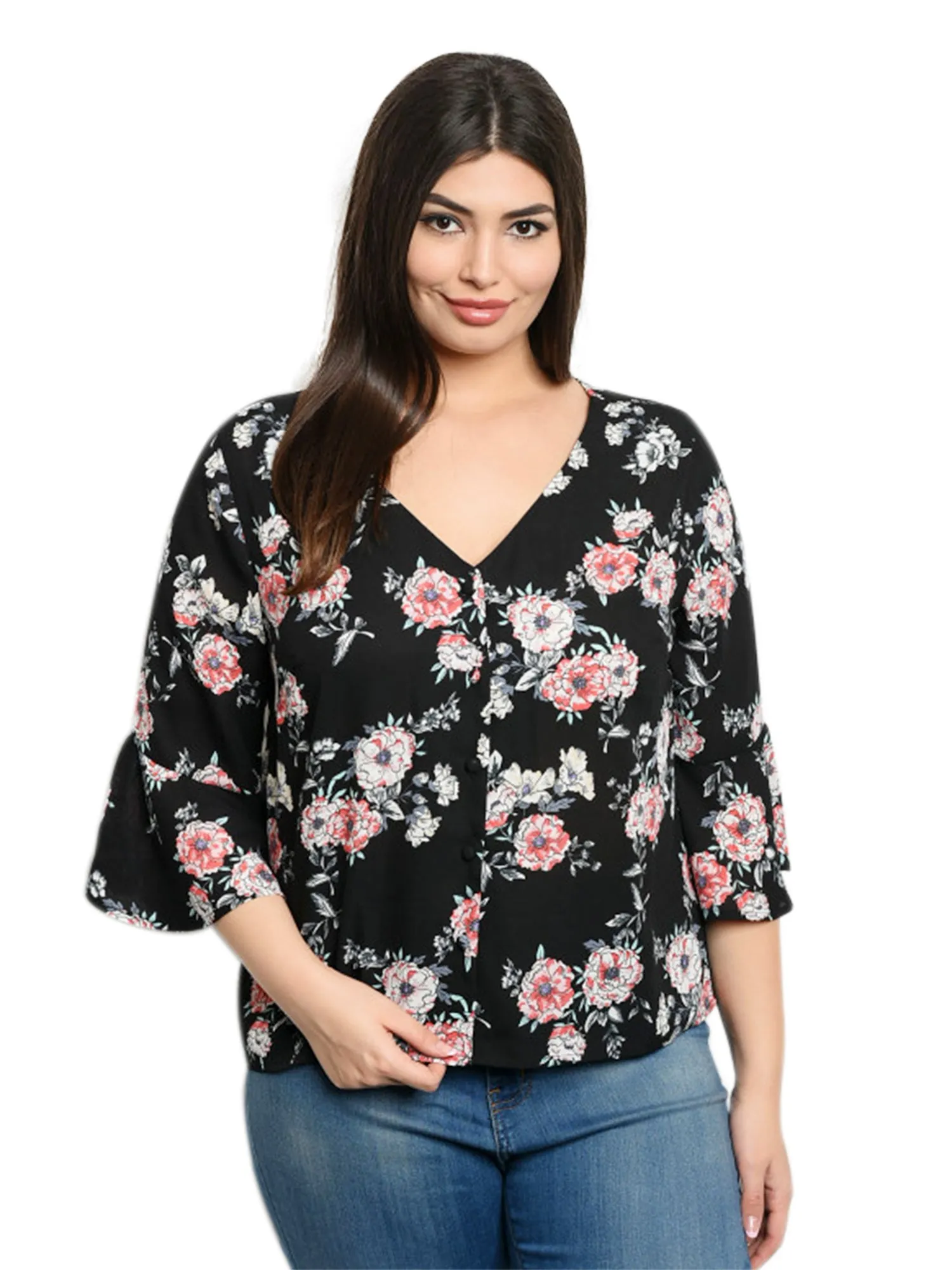 Black Floral Womens Plus Size V-Neck Blouse With Bell Sleeves