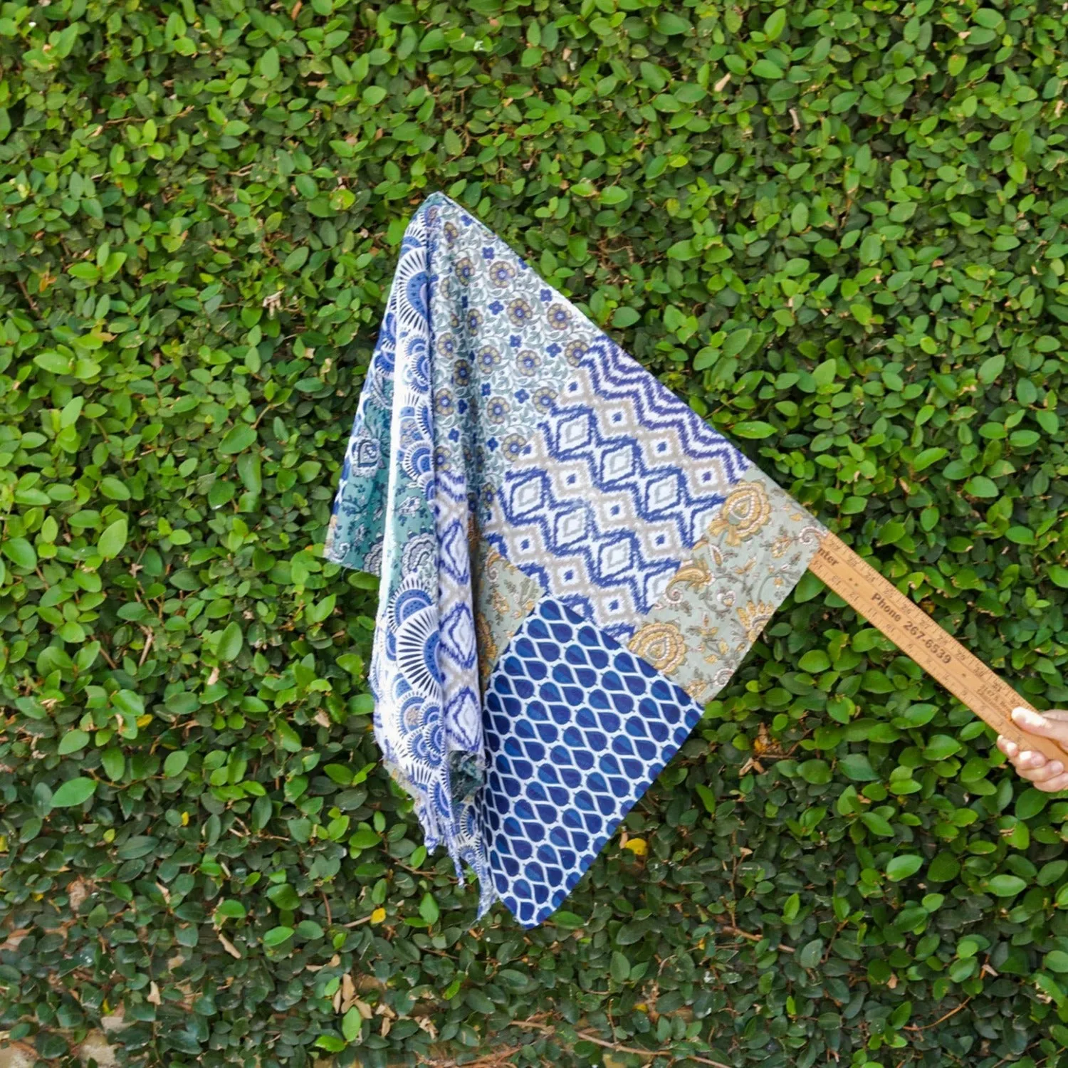 Blue Blocked Patchwork Cotton Voile - Remnant