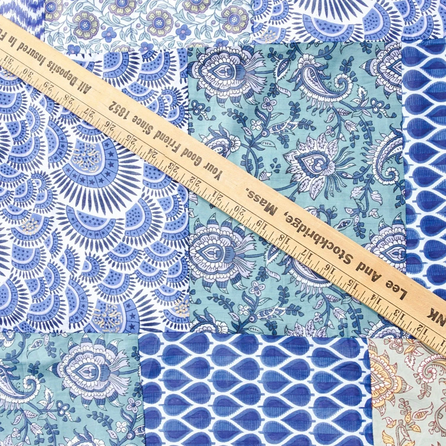 Blue Blocked Patchwork Cotton Voile - Remnant